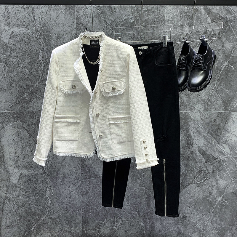 White French-Style Jacket for Men, Loose and Elegant, with a High-End Feel, Cardigan Design with Fringed Edges