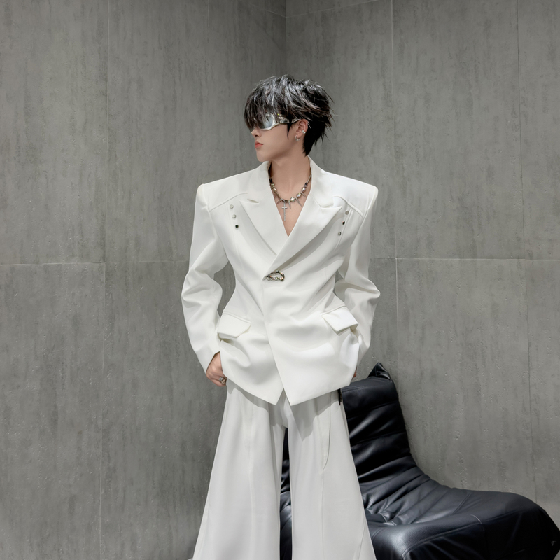Noirbloom Niche Original White Blazer with Waist-Cinching Design, Metallic Deconstruction, High-End Elegant Suit Noirbloom Niche Original White Blazer with Waist-Cinching Design, Metallic Deconstruction, High-End Elegant Suit