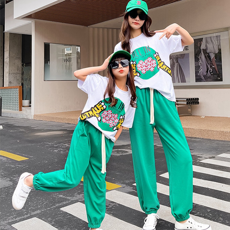 Ohmi children's parent-child clothes, Western style mother and daughter clothes, summer models are different for girls, two-piece sports suits, short-sleeved T-shirts