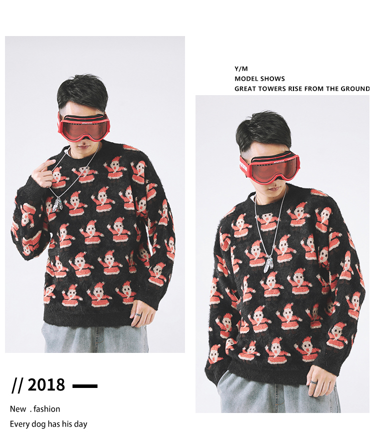 2018 Nhật Bản retro phong cách Harajuku Santa áo len thêu cổ tròn áo len cho nam và nữ lỏng lẻo shop áo khoác nam