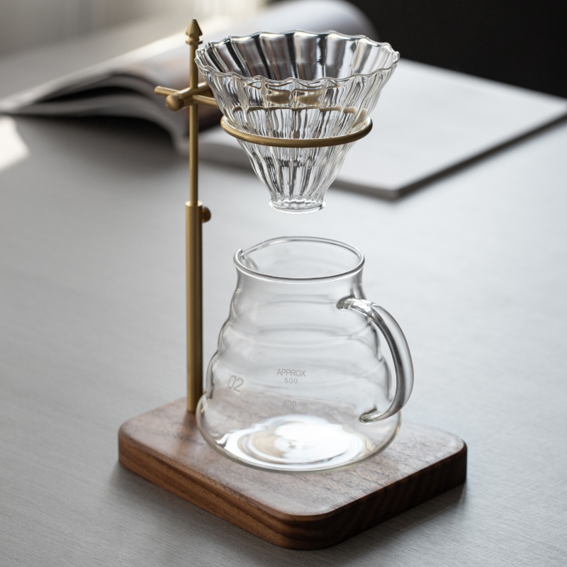 無垢材真鍮製ハンドブリューコーヒースタンド V60 フィルターカップホルダー ドリップホルダー ウォールナット製 調節可能なコーヒーフィルタースタンド