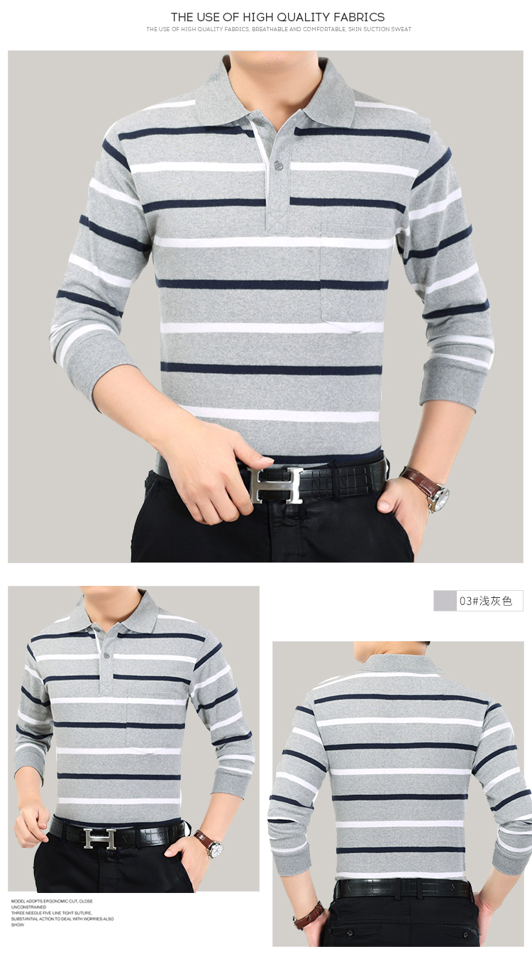 Mùa thu mới nam dài tay áo thun cotton sọc ve áo nam POLO sơ mi giản dị bố trung niên áo thun nam trung niên