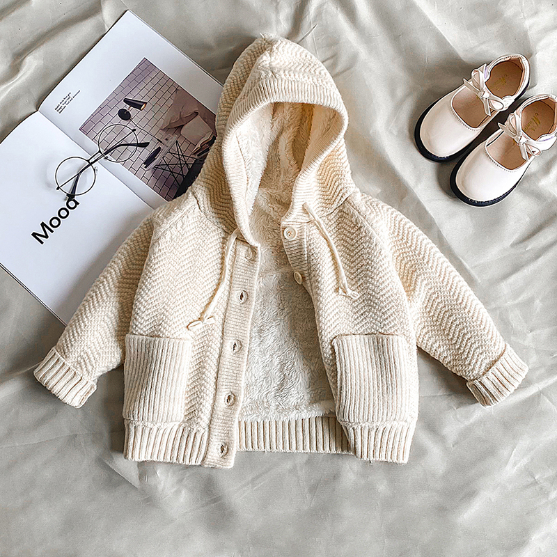 Korean version of knitted sweater plus velvet children's fashionable thick coat boys and girls hooded sweater warm cardigan