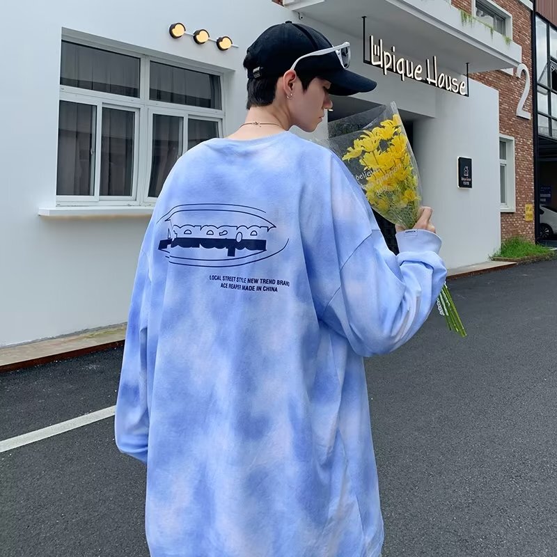 Tie-Dye Long-Sleeve T-Shirt for Men, Bf Hong Kong Style Trendy Brand, ins Japanese Versatile Autumn Trendy Round-Neck Loose Casual Top
