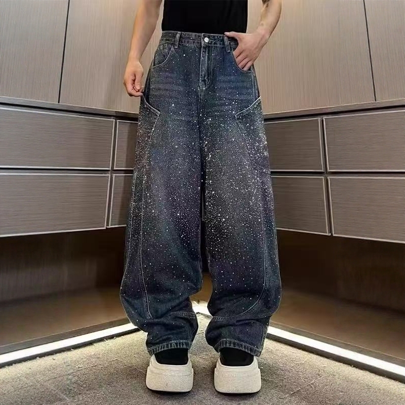American-Style Rhinestone Large Pocket Scimitar Jeans for Men and Women, Starry Sky Loose Trendy Brand Three-Dimensional Cut Sparkling Wide-Leg Pants American-Style Rhinestone Large Pocket Scimitar Jeans for Men and Women, Starry Sky Loose Trendy Brand Three-Dimensional Cut Sparkling Wide-Leg Pants