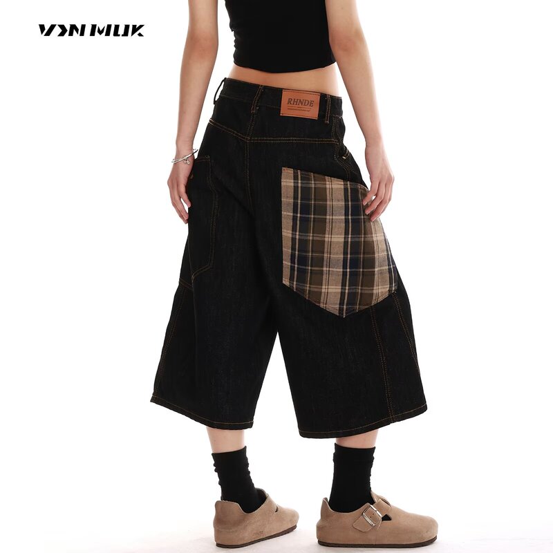 American-Style Plaid Pocket Patchwork Design Scimitar Shorts, Summer Unisex Retro Distressed Washed Wide-Leg Cropped Pants
