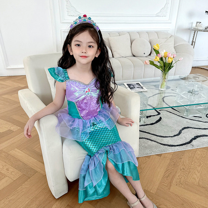 Small Mermaid Princess Dresses Love Riel Girl Girl Dress Children Fish Tail Long Dress Summer Pure Cotton Baby Clothes-Taobao