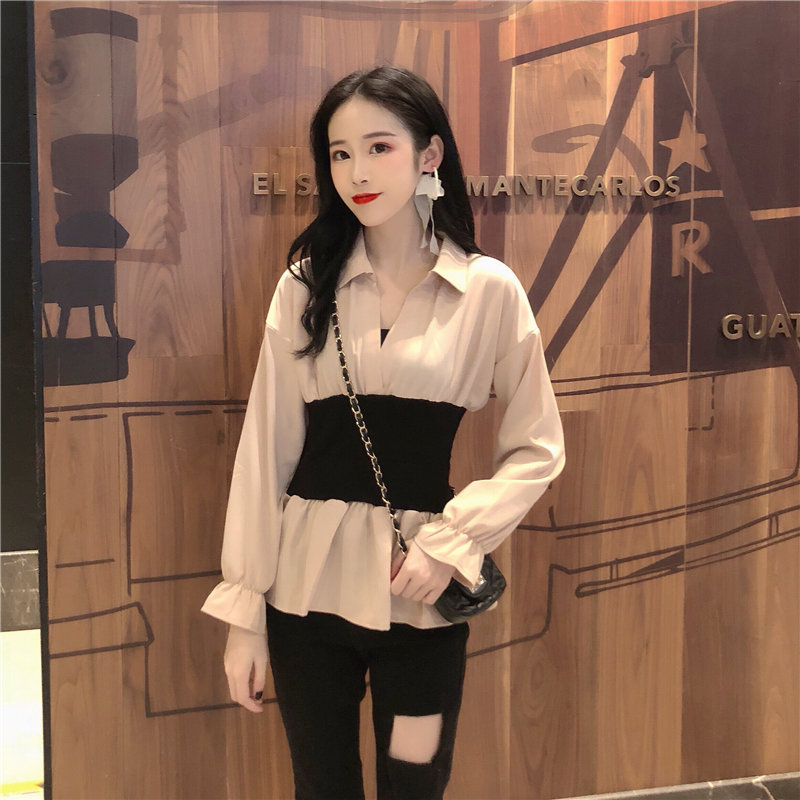 Phiên bản Hàn Quốc sang trọng áo sơ mi thu đông Hồng Kông hương vị retro eo sừng dài tay nữ 2018 mới nước ngoài nhỏ áo thủy triều áo sơ mi kaki