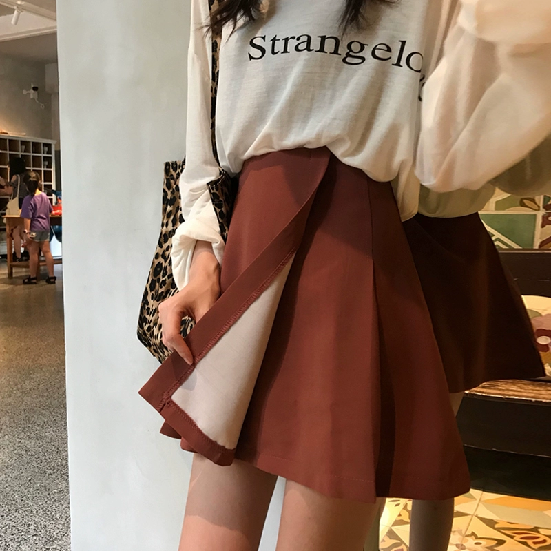 Mùa thu 2018 mới của Hàn Quốc phiên bản của chic váy màu rắn nữ sinh viên váy là mỏng cao eo xếp li váy Một từ váy chân váy nhung xếp ly