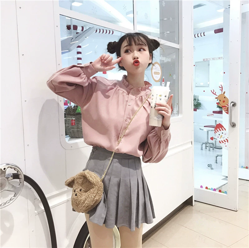 Xuân-Hè 2018 nữ phiên bản Hàn Quốc của chiếc quạt dễ thương mềm mại thêu em bé đứng cổ áo dài tay áo sơ mi dài tay bé nhỏ tươi tắn