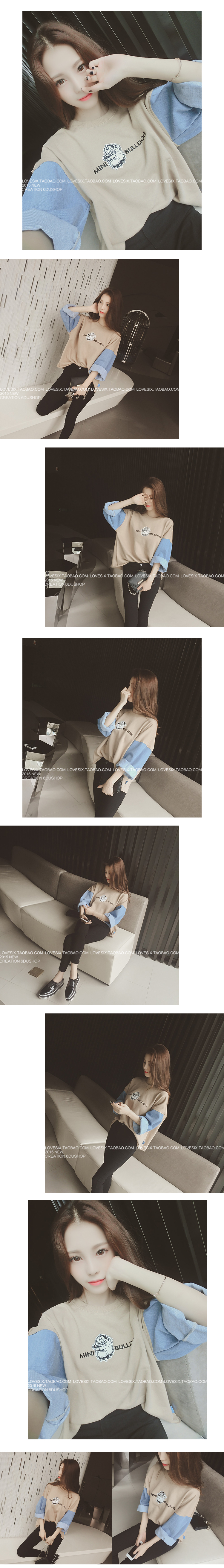 2018 mùa xuân và mùa thu mới của Hàn Quốc phụ nữ cổ tròn denim lỏng khâu dài tay áo thun áo len áo khoác sinh viên áo khoác nữ 2021