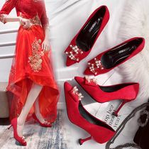 Red High Heels women married 2021 New Wild big red wedding shoes red Xiuhe pointed thin Pearl wedding dress