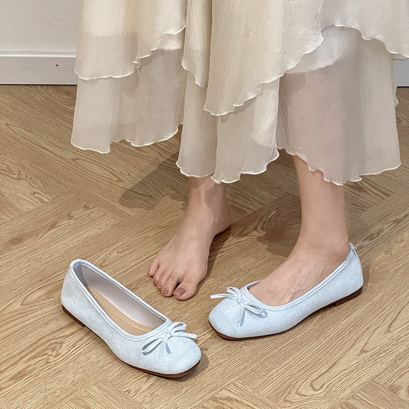 French retro granny shoes, new summer 2026 style, bow-knot, low-cut, flat ballet flats, square toe, suede single shoes.