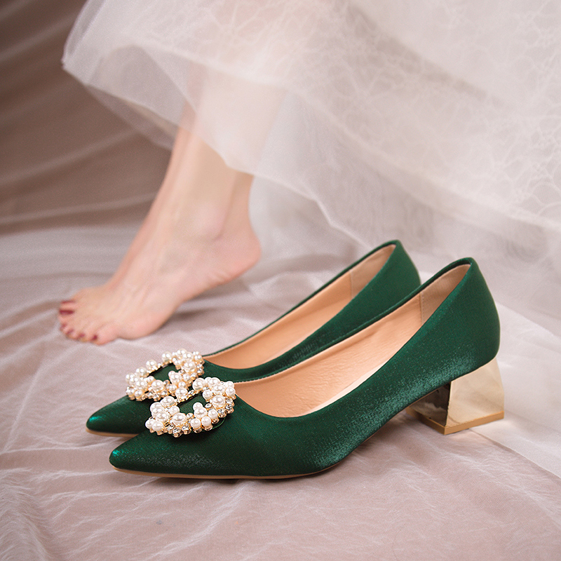 Unique Green Xiuhe-Style Wedding Dress with Two-Way Wear, Wedding Shoes for Women, 2026 New Autumn Dress, Chinese-Style High-Heeled Bridal Shoes