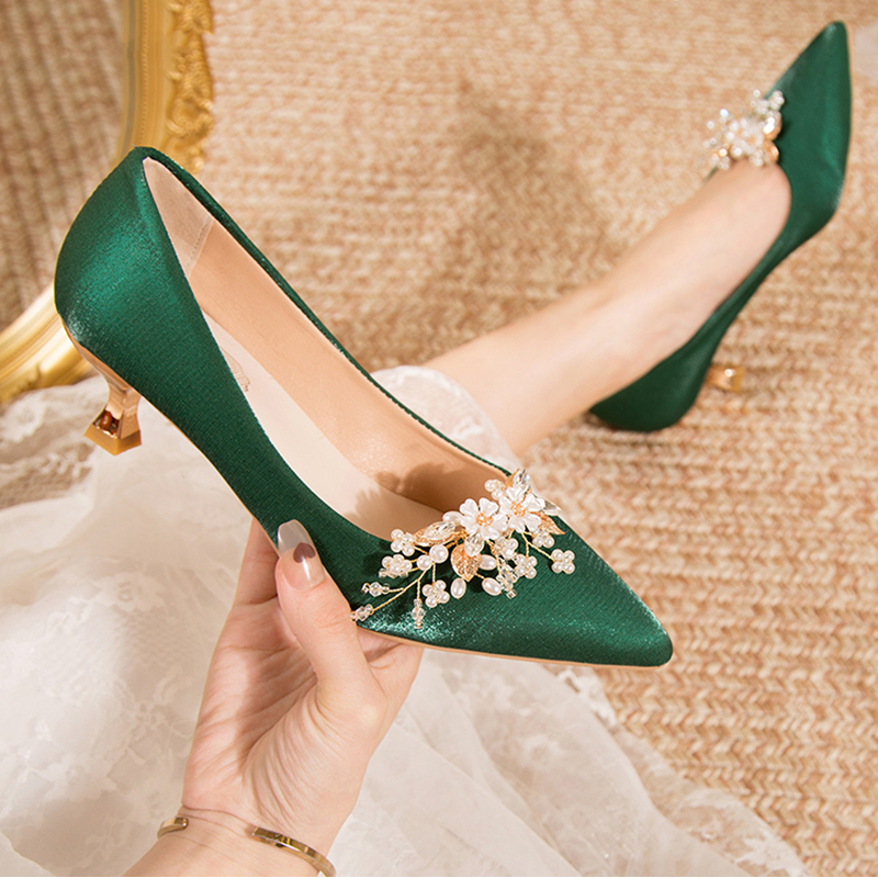 Unique Green Wedding Shoes, High Heels That Are Comfortable, Pointed Toe, Shallow Mouth, Single Shoes, Xiuhe Wedding Bride Shoes for Going Out and Getting in the Car