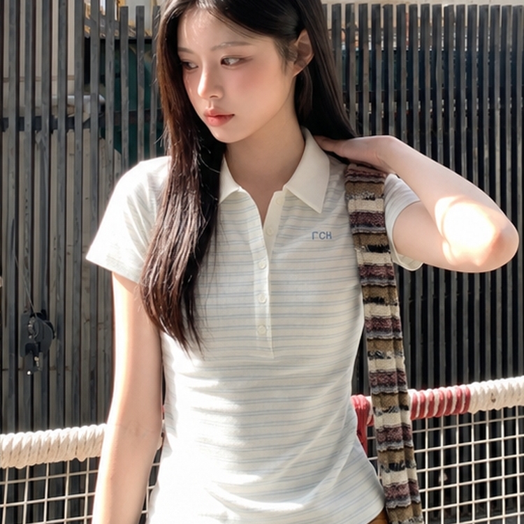 Slim-Fit Blue Striped Polo Collar Short-Sleeve T-Shirt, Summer Slim-Fit Waist-Cinching Short Polo Shirt Slim-Fit Blue Striped Polo Collar Short-Sleeve T-Shirt, Summer Slim-Fit Waist-Cinching Short Polo Shirt