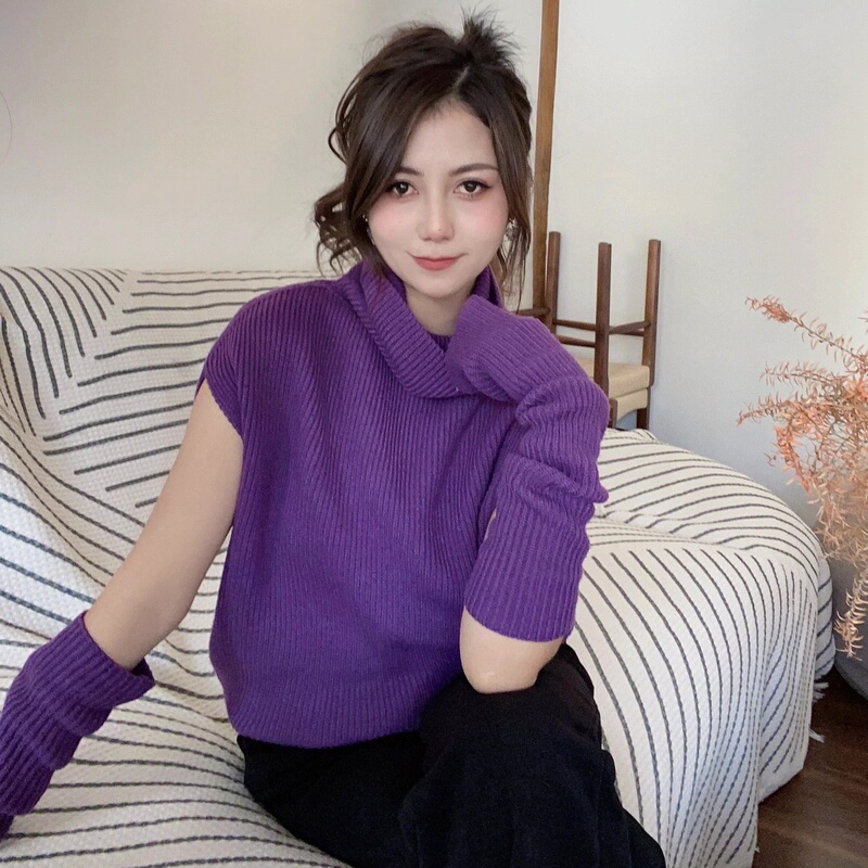 Purple Pullover Turtleneck Sweater for Women, Autumn High-End Sleeveless Inner Top, Loose and Lazy Style Knitted Base Shirt Purple Pullover Turtleneck Sweater for Women, Autumn High-End Sleeveless Inner Top, Loose and Lazy Style Knitted Base Shirt