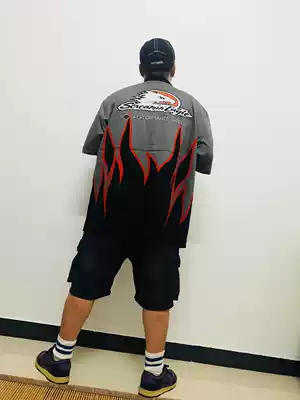 European and American retro flame embroidery short sleeve shirt loose locomotive hip hop big size shirt fashion hip hop shirt