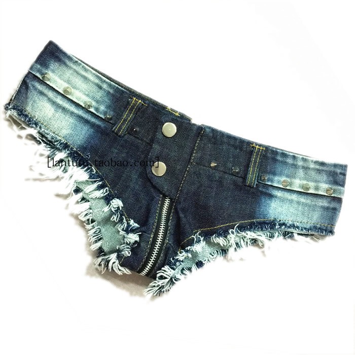Blue Low-Waisted Ultra-Short Sexy Jeans with Zipper, Denim Frayed Edge Hot Pants, Waist-Cinching Denim Triangle Shorts for Women