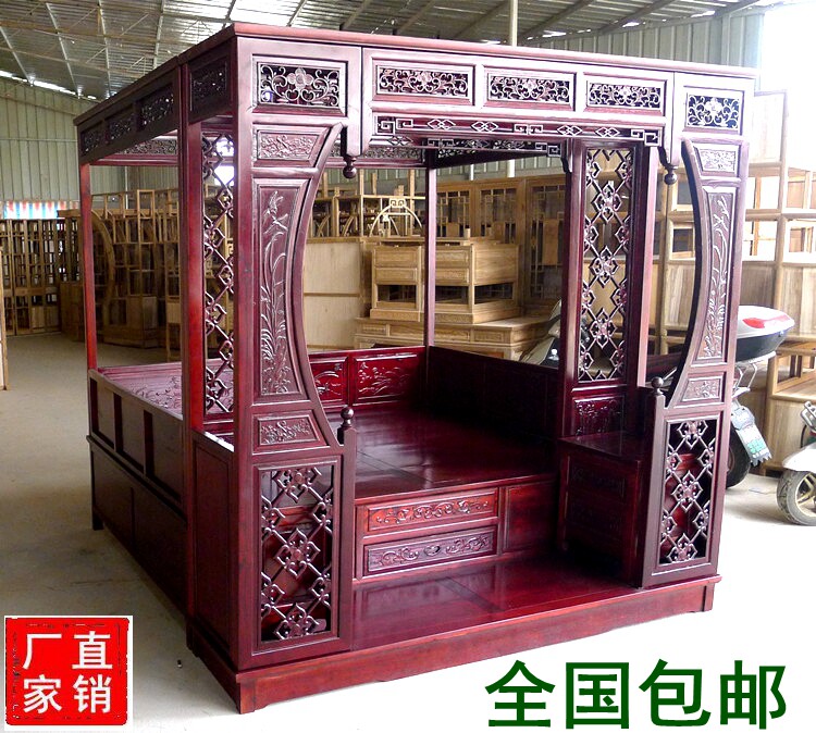 Old elm Chinese style carved retro classical safflower pear imitation ancient furniture palace solid wood bed step bed shelf bed