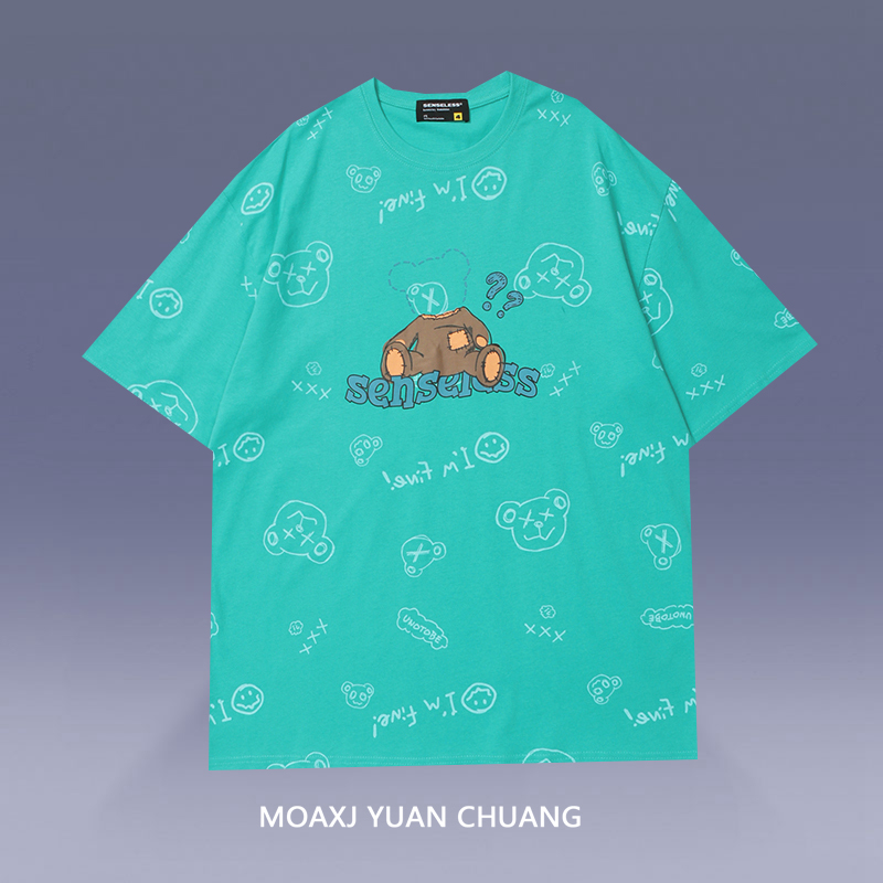 MOAXJ original tide brand European and American tide brand round neck short-sleeved T-shirt male personality creative bear print wild student