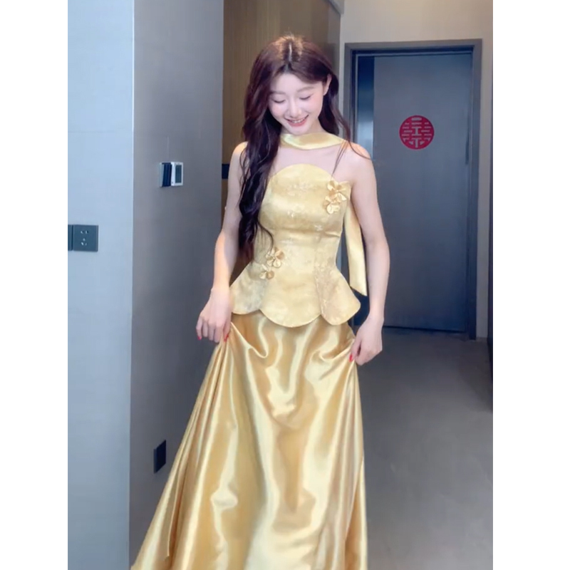 Yellow Strapless Evening Dress, Women's Robe, Bride's Toast Dress, New Chinese Style 2026 New Model, Birthday, High-End Feel, Engagement