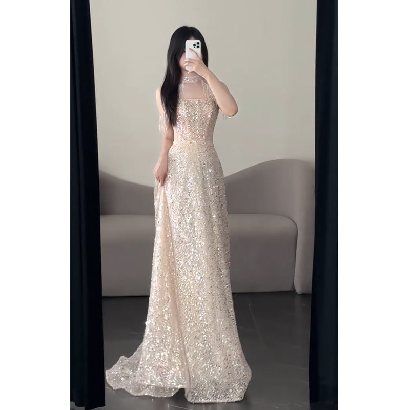 Champagne-Colored Sparkling Evening Dress for Women, Suitable for Annual Meetings, Hosting Banquets, High-End Events, Birthdays, Coming-Of-Age Ceremonies, Socialite Style, and Engagements