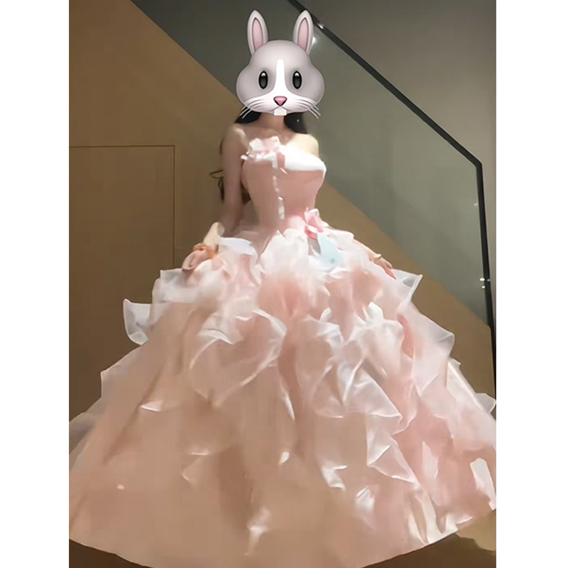 Pink Strapless Evening Dress for Women, Coming-Of-Age Ceremony, Student Birthday Party, Art Exam, Annual Meeting Host, High-End Puffy Dress