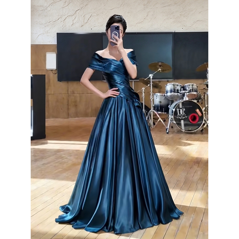 Blue Off-The-Shoulder Hostess Dress for Women 2026 New Model Annual Meeting Vocal Arts Exam High-End Adult Ceremony Student Day