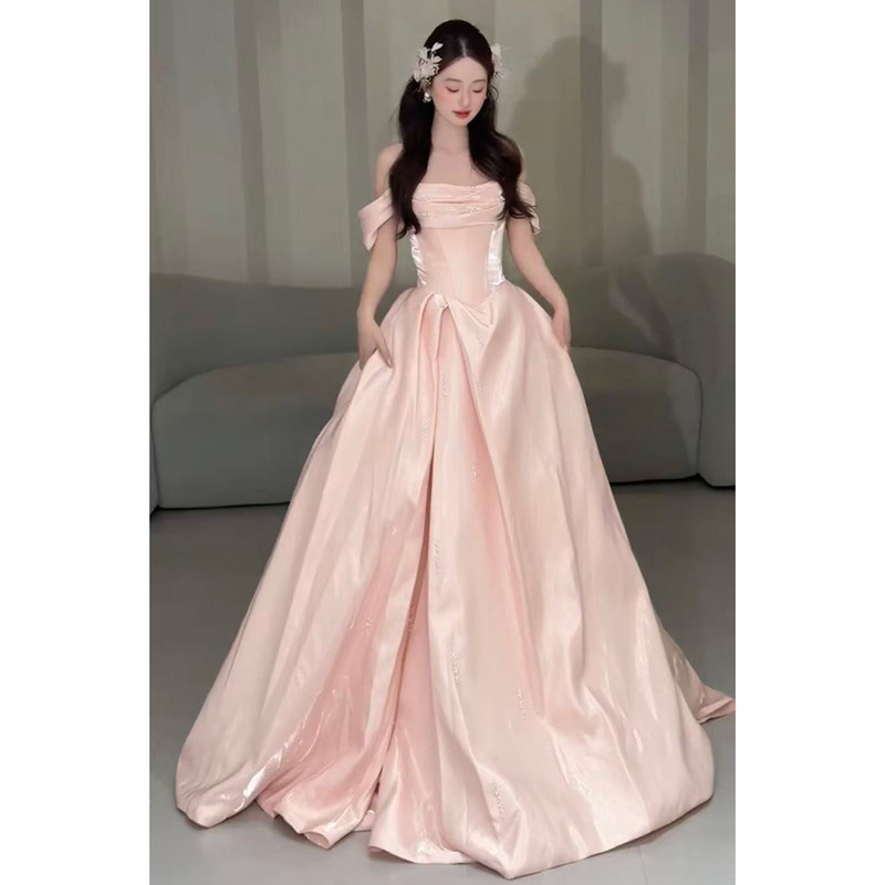 Pink High-End Off-The-Shoulder Evening Dress for Women, Suitable for Banquets, Light Luxury, Coming-Of-Age Ceremony, Student Birthday, Art Exam, Princess Dress, Graduation, Engagement