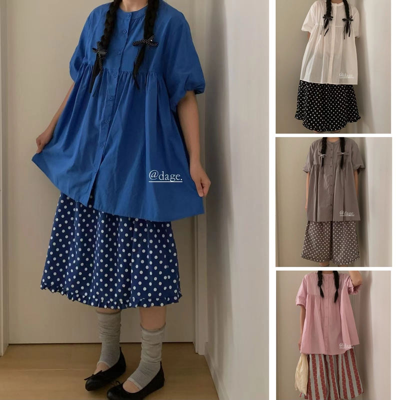 Dage26 Summer Style Cute Puff Sleeves Cover Belly Fat Slimming Loose Babydoll Shirt Mori Girl Polka Dot Dress Dage26 Summer Style Cute Puff Sleeves Cover Belly Fat Slimming Loose Babydoll Shirt Mori Girl Polka Dot Dress