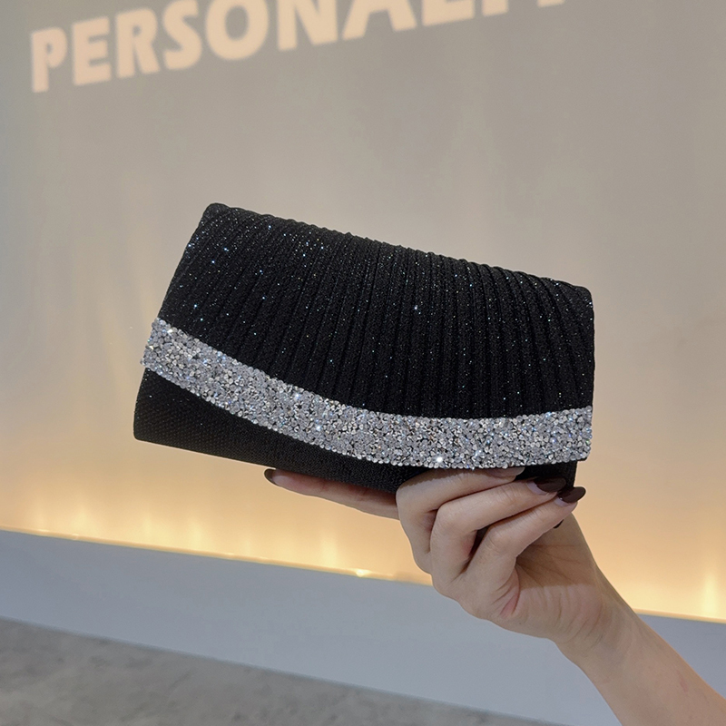 New Black Sparkling Diamond Pleated Evening Bag Women's Clutch Small Bag Chain Crossbody Bag Dress Bag Shiny Party Bag