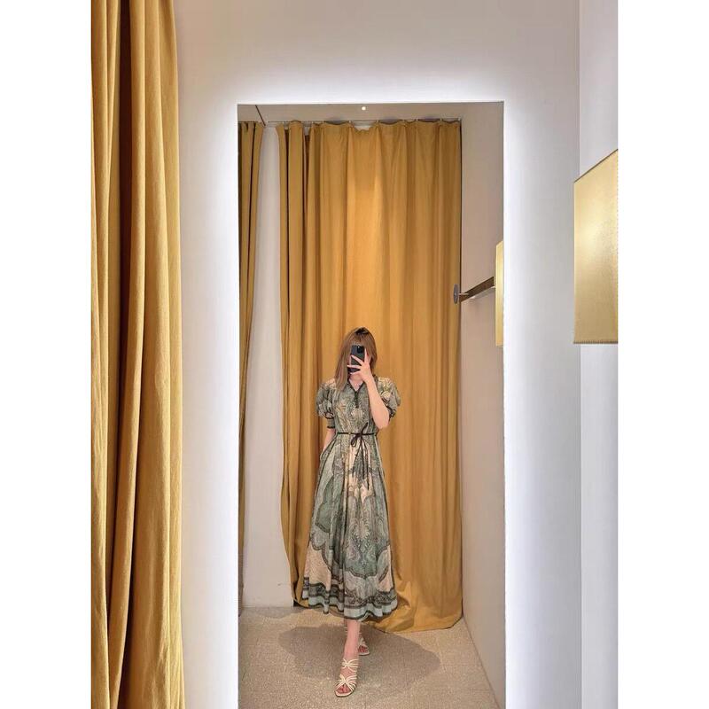 Z Brand Light Luxury European and French High-End New Holiday Australian Print Long Short-Sleeve Dress for Women
