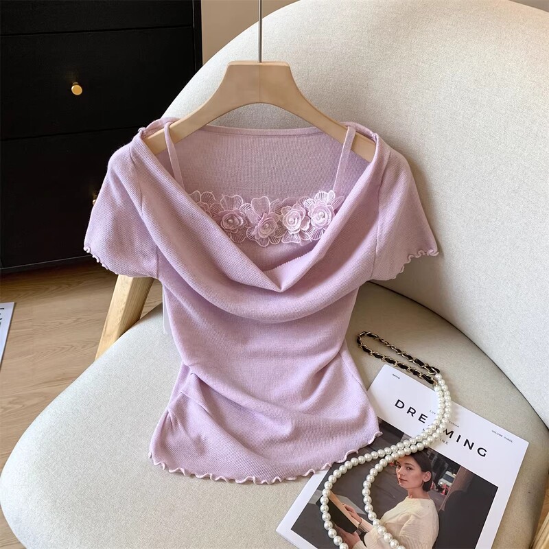 Purple Faux Two-Piece Lace Floral Ruffle Collar Short-Sleeve T-Shirt for Women, Summer Slim-Fit Chic Sweet Short Top