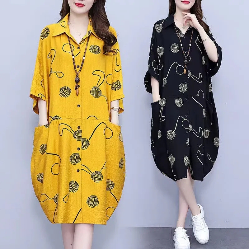Plus-Size Simple Cardigan Polo Collar Mom's Shirt Mid-Length Dress for Chubby Women, Tummy-Covering Half-Sleeve Stylish Dress Plus-Size Simple Cardigan Polo Collar Mom's Shirt Mid-Length Dress for Chubby Women, Tummy-Covering Half-Sleeve Stylish Dress