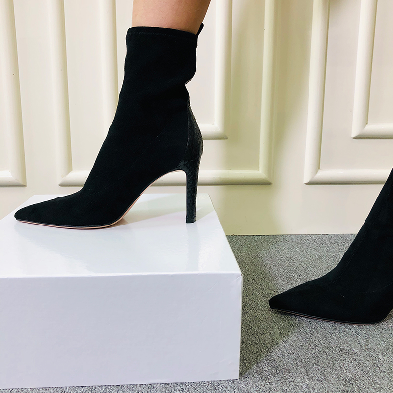 Craftsmen custom pointed toe high-heeled skinny boots autumn and winter thick-heeled elastic boots women's socks boots small size single boots thin heels short boots