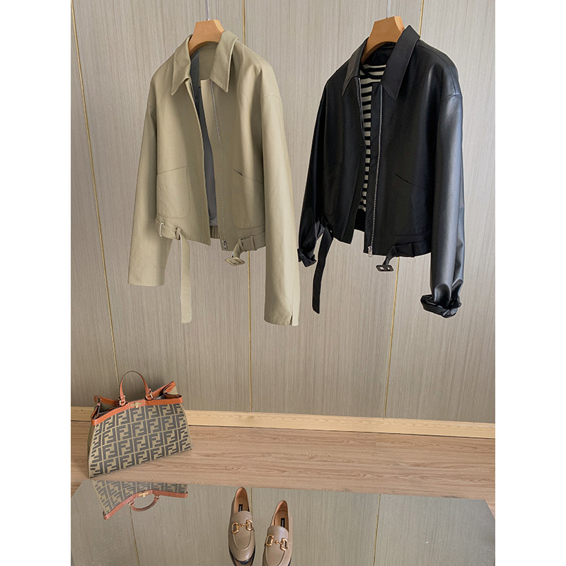 Pole-level retro ~ soft glutinous sheep leather lower swing strap tightness to collect waist loose genuine leather leather coat female short coat