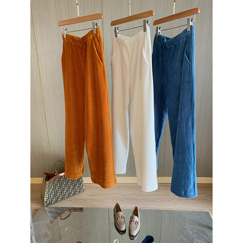 Silky smooth corduroy fashion elastic high waist ~ straight pumpkin color casual trousers women's new autumn and winter