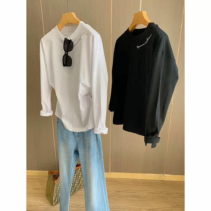 Personality extremely simple wind ~ leading edge letter printed round collar long sleeve open fork T-shirt sleeve head inner lap lady blouse spring
