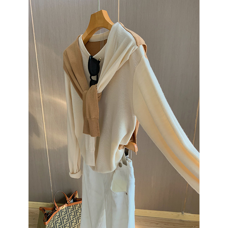 Bring your own trendy feel ~ fine cotton wool warm in touch color fake two long sleeves Shoulder Knit Sweater Women Spring