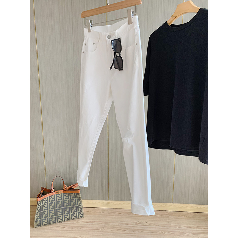 Summer not hot ~ good to wear without drum kit high waist pure white 100 hitch a hole straight barrel denim long pants female spring summer