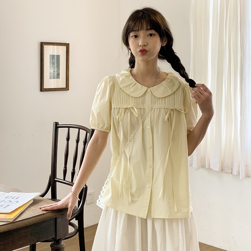 Branch small buds 2022 summer new Japanese sweet heavy industry organ pleat design short-sleeved milk yellow shirt women