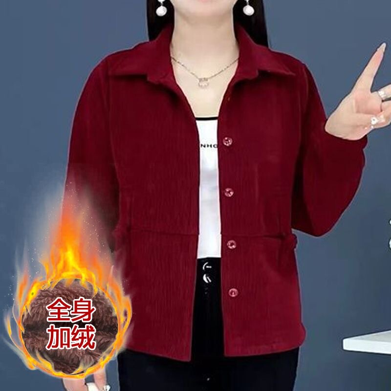 High-End Corduroy Jacket for Mothers, New Spring and Autumn Casual Loose-Fitting Fleece-Lined Short Cardigan for Middle-Aged Women
