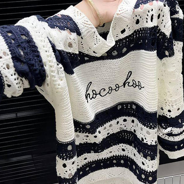 Fashionable Striped Color-Block Long-Sleeve Hollow-Out Knit Sweater for Women, Spring and Autumn Sun Protection Cover-Up, High-End Versatile Casual Top