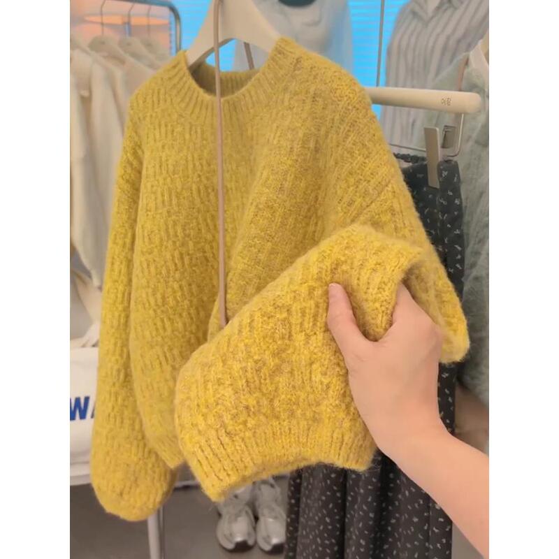 Very Beautiful Yellow Mohair Pullover Thick Sweater for Women, Early Winter, Loose and Lazy Style, Inner Layer Knit Warm Top Very Beautiful Yellow Mohair Pullover Thick Sweater for Women, Early Winter, Loose and Lazy Style, Inner Layer Knit Warm Top