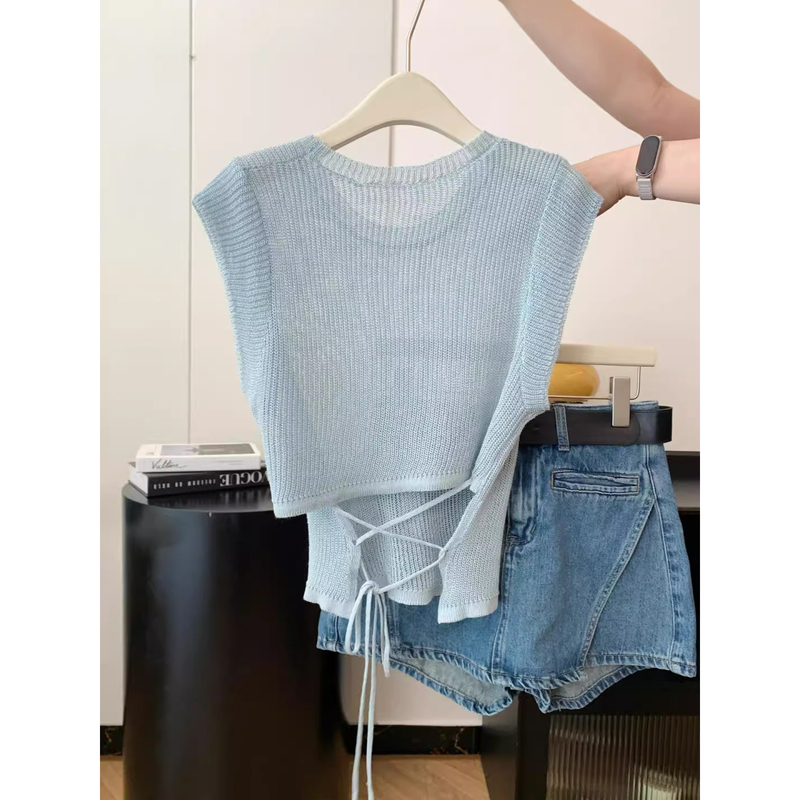 French Retro Blue Ice Silk Sleeveless Knitted Vest for Women in Summer with Hollow Back Strap Design Waist Top