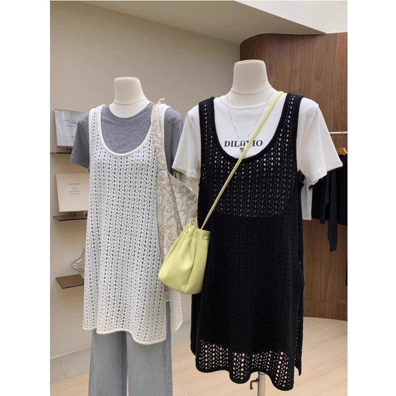 2026年夏 透かし彫りUネックニットキャミソールドレス（女性用）、春の重ね着、サイドスリット入りミドル丈日焼け防止カバーアップ