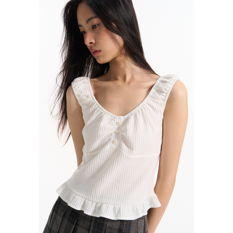 Bubblecan Waffle-Style Sweet Cherry Blossom Vest Summer Sleeveless Short Style Bubblecan Waffle-Style Sweet Cherry Blossom Vest Summer Sleeveless Short Style