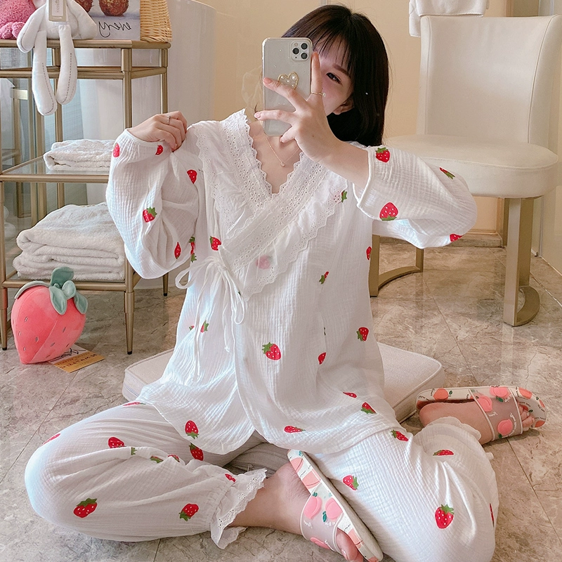 Bộ đồ ngủ cho bà bầu mùa hè cotton mỏng gạc sau sinh cho con bú quần áo giam giữ mùa xuân và mùa thu 6 tháng 7 dịch vụ mang thai tại nhà - Giải trí mặc / Mum mặc