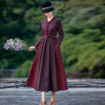 Ying as a national style cotton linen dress women 2020 autumn and winter retro slim waist long skirt stripe base skirt